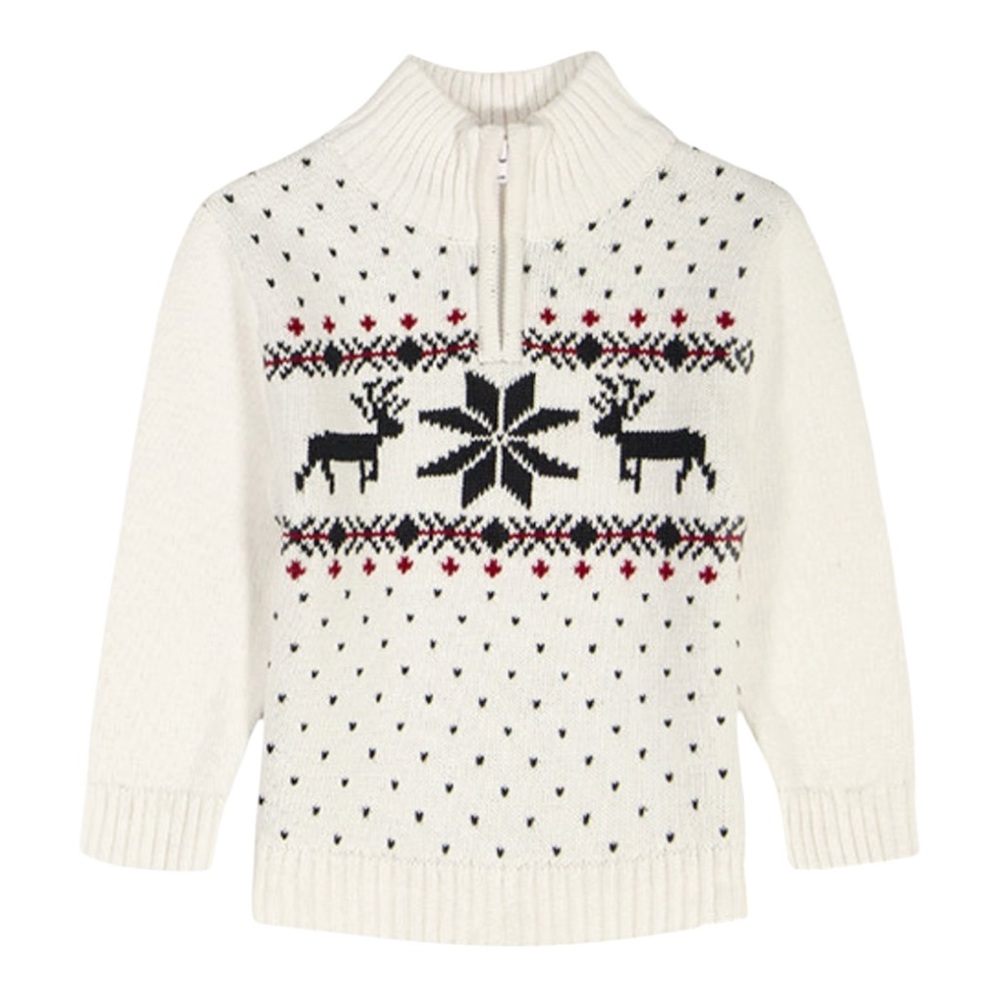 Izod Cream Knit Sweater with Black and Red Fair Isle Reindeer